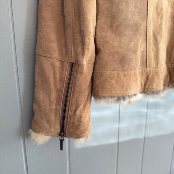 Vintage Suede Fur Trim Jacket Rabbit Collar Cuffs Y2K Mob Wife Boho Chic Medium - Picture 10 of 12